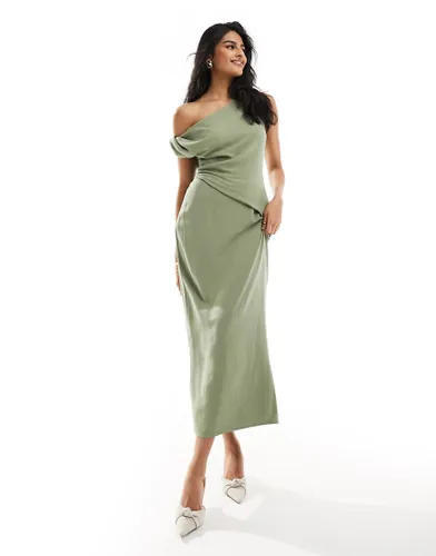 ASOS DESIGN fallen shoulder linen midi dress with pleat waist in khaki-Green