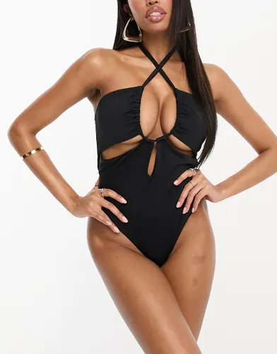 ASOS DESIGN Fuller Bust gathered ruche cut out swimsuit in black