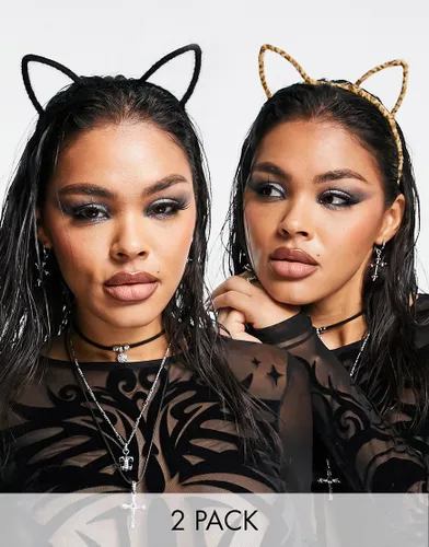 ASOS DESIGN Halloween pack of 2 headbands with cat ears in black and leopard design-Multi