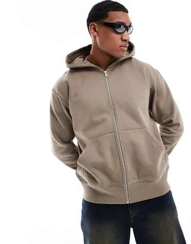 ASOS DESIGN heavyweight oversized zip through hoodie in beige-Neutral
