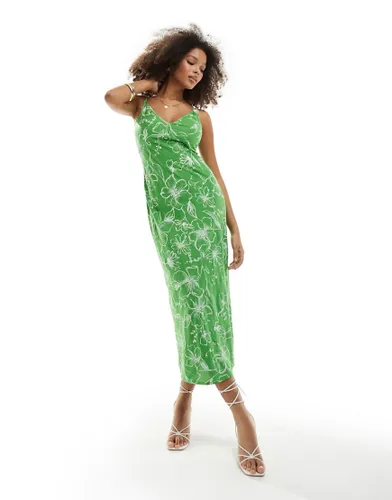 ASOS DESIGN high apex spun midi dress in green floral print-Multi
