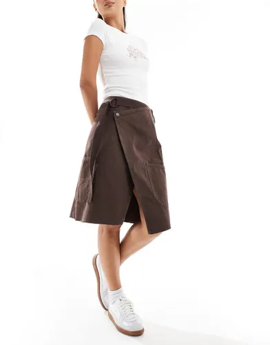 ASOS DESIGN knee skirt with pocket wrap detail in brown
