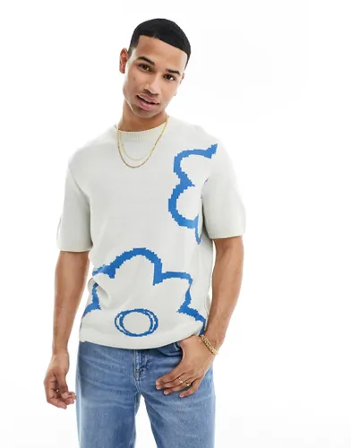 ASOS DESIGN knitted crew neck in stone with blue floral pattern-White