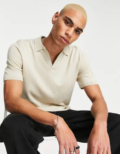 ASOS DESIGN knitted notch neck polo shirt in beige-Neutral