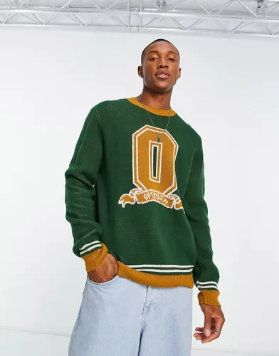 ASOS DESIGN knitted relaxed fit jumper with collegiate print in green