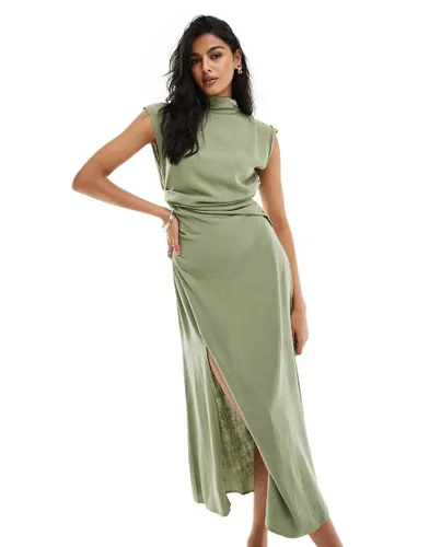 ASOS DESIGN linen high neck grown on sleeve midi dress with open back and button neck detail in khaki-Green