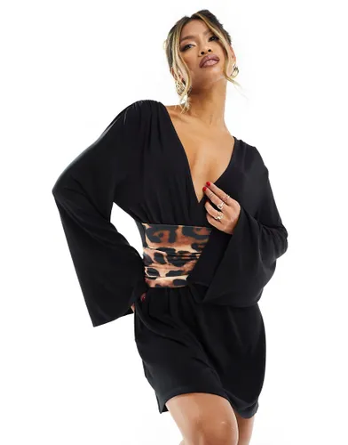ASOS DESIGN long sleeve flippy wrap mini dress with leopard print belt in black-Multi