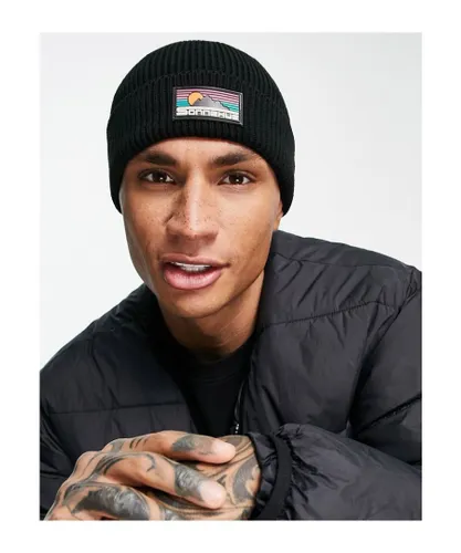 ASOS DESIGN Mens fisherman ribbed beanie with rubber logo in black - One