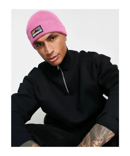 ASOS DESIGN Mens fisherman ribbed beanie with rubber logo in pink - One