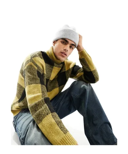 ASOS DESIGN Mens fluffy knit check roll neck jumper in beige & black - Yellow/Black
