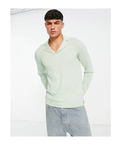 ASOS DESIGN Mens knitted cotton revere polo jumper in green