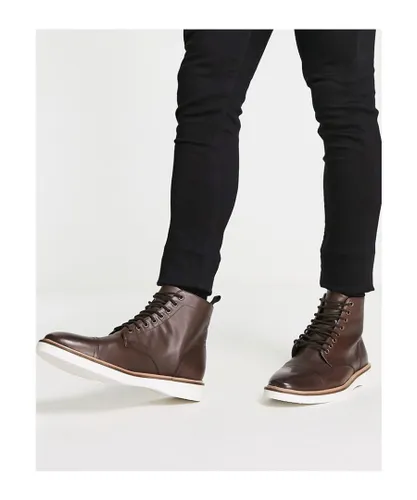 ASOS DESIGN Mens lace up boot in brown leather with white wedge sole