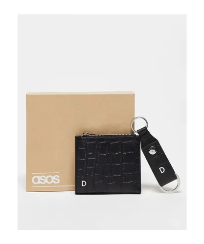 ASOS DESIGN Mens leather keyring and wallet set with D initial-Black - One Size