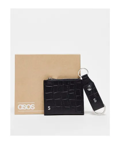 ASOS DESIGN Mens leather keyring and wallet set with S initial-Black - One Size