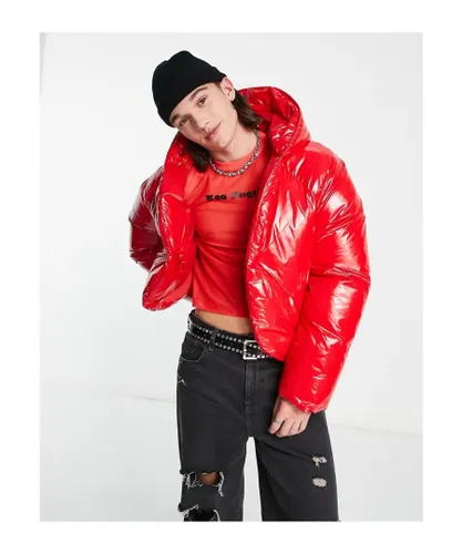 ASOS DESIGN Mens oversized cropped high shine puffer jacket in red