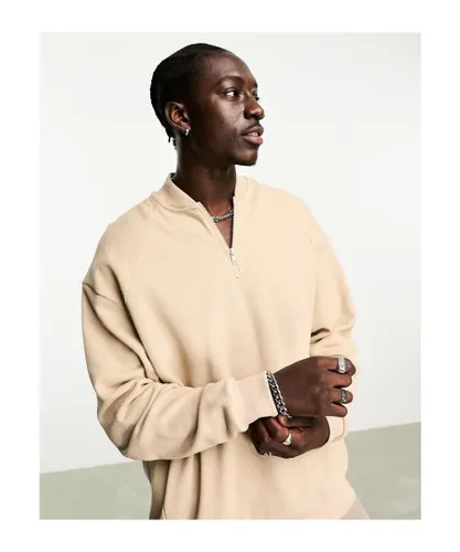ASOS DESIGN Mens oversized half zip baseball sweatshirt in beige pique-Neutral