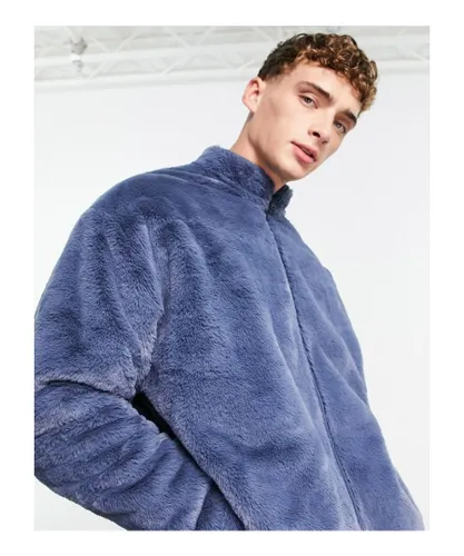 ASOS DESIGN Mens oversized track jacket in navy faux fur-Blue