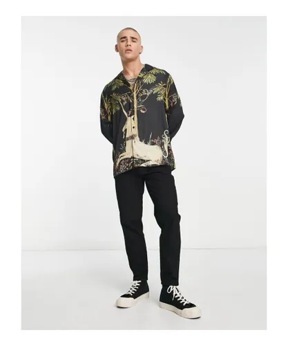 ASOS DESIGN Mens relaxed revere satin shirt with unicorn placement print-Black