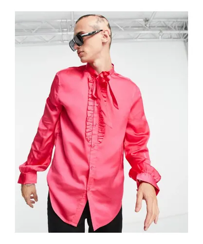 ASOS DESIGN Mens satin shirt with pussybow tie neck and ruffles in bright pink - BPINK