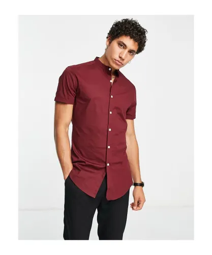 ASOS DESIGN Mens skinny fit shirt with grandad collar in burgundy-Red