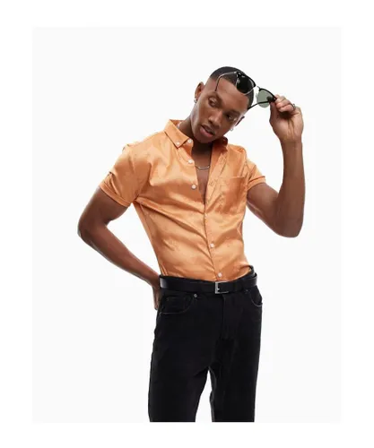 ASOS DESIGN Mens skinny satin shirt in peach floral jacquard-Orange
