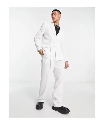 ASOS DESIGN Mens slim belted suit jacket in white plisse