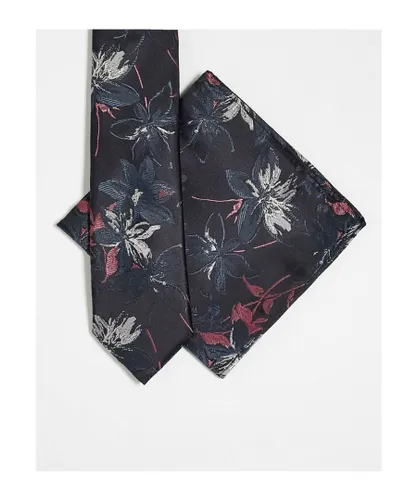 ASOS DESIGN Mens slim tie and pocket square in dark based floral-Navy - Blue - One