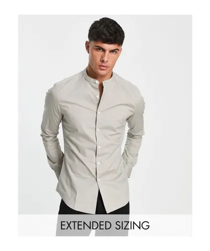ASOS DESIGN Mens stretch skinny fit shirt with grandad collar in taupe-Brown Cotton