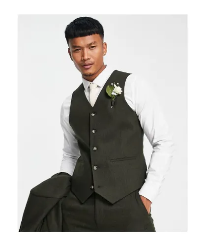 ASOS DESIGN Mens wedding skinny wool mix suit waistcoat in olive basketweave texture-Green