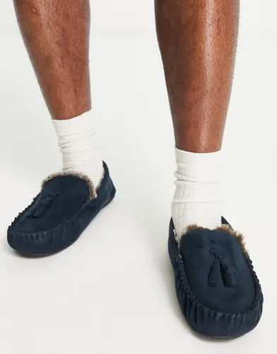 ASOS DESIGN moccasin slippers in navy with faux fur lining