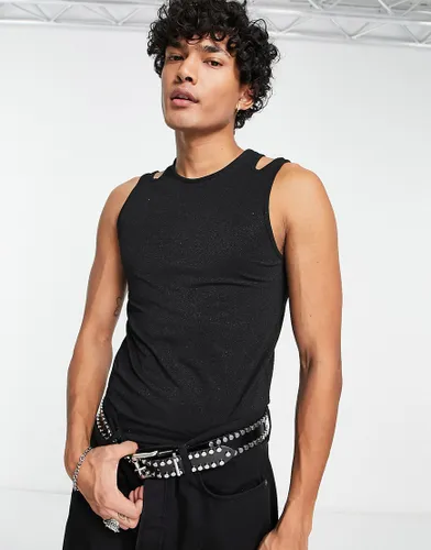 ASOS DESIGN muscle bodysuit in black metallic fabric with cut outs