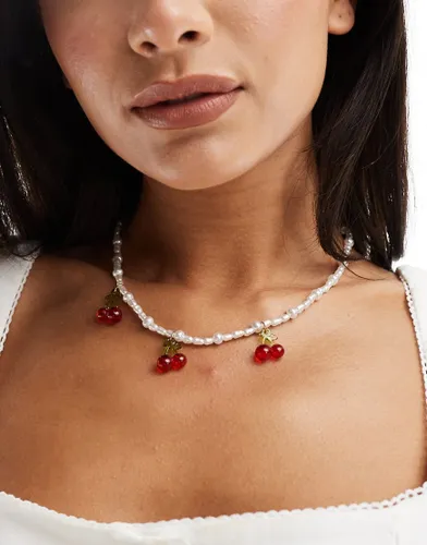 ASOS DESIGN necklace with faux freshwater pearl and triple red cherry design-White