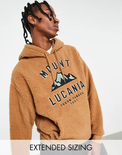 ASOS DESIGN oversized borg hoodie in brown with mountain embroidery