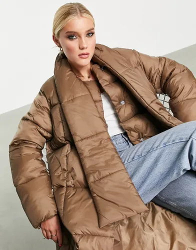 ASOS DESIGN oversized puffer jacket with scarf in dark camel-Neutral