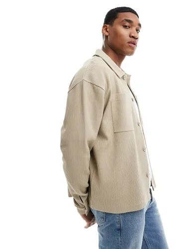 ASOS DESIGN oversized ribbed jacket with harringotn neck in beige-Neutral