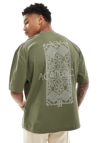 ASOS DESIGN oversized t-shirt in olive green with back print-Brown