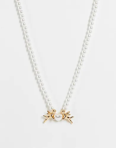 ASOS DESIGN pearl necklace with cherub design in gold tone-Multi