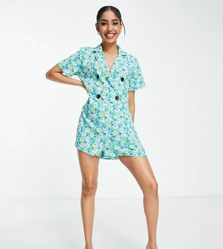ASOS DESIGN Petite bubble crepe double breasted smock playsuit in blue daisy-Multi