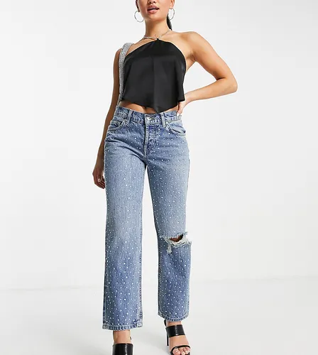 ASOS DESIGN Petite cotton blend low rise straight leg jean in all over diamante hotfix with ripped knee - MBLUE