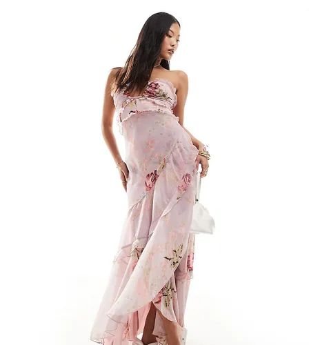 ASOS DESIGN Petite halter ruffle maxi dress with high low hem in lilac rose floral-Multi