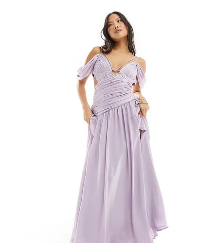 ASOS DESIGN Petite ruched fallen shoulder cut out maxi dress in lilac-Purple