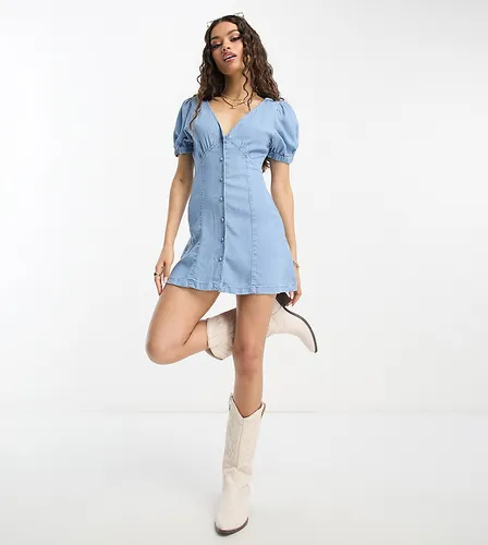 ASOS DESIGN Petite soft denim seamed mini tea dress in blue