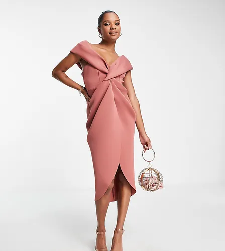 ASOS DESIGN Petite twist front off the shoulder midi dress in rose-Pink