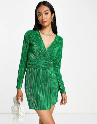 ASOS DESIGN plisse wrap mini dress with tortoise shell trim in green