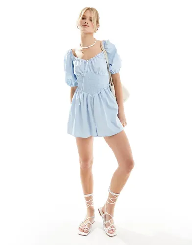 ASOS DESIGN poplin shirred waist balloon sleeve playsuit with lace neck detail in pale blue
