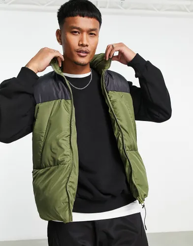 ASOS DESIGN puffer gilet with contrast panel in khaki-Green