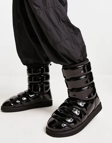 ASOS DESIGN puffer slipper boots in black gloss