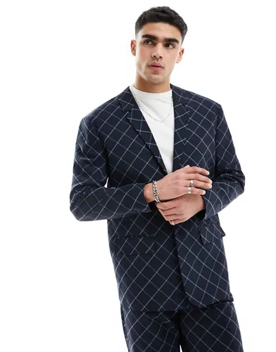 ASOS DESIGN relaxed bias cut check suit jacket in navy windowpane