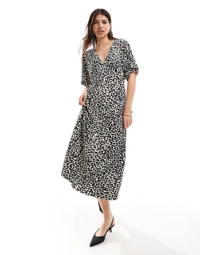 ASOS DESIGN roll sleeve button front midi tea dress in animal print-Multi