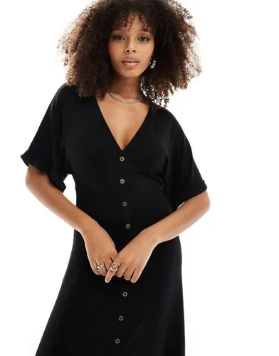 ASOS DESIGN roll sleeve button front midi tea dress in black